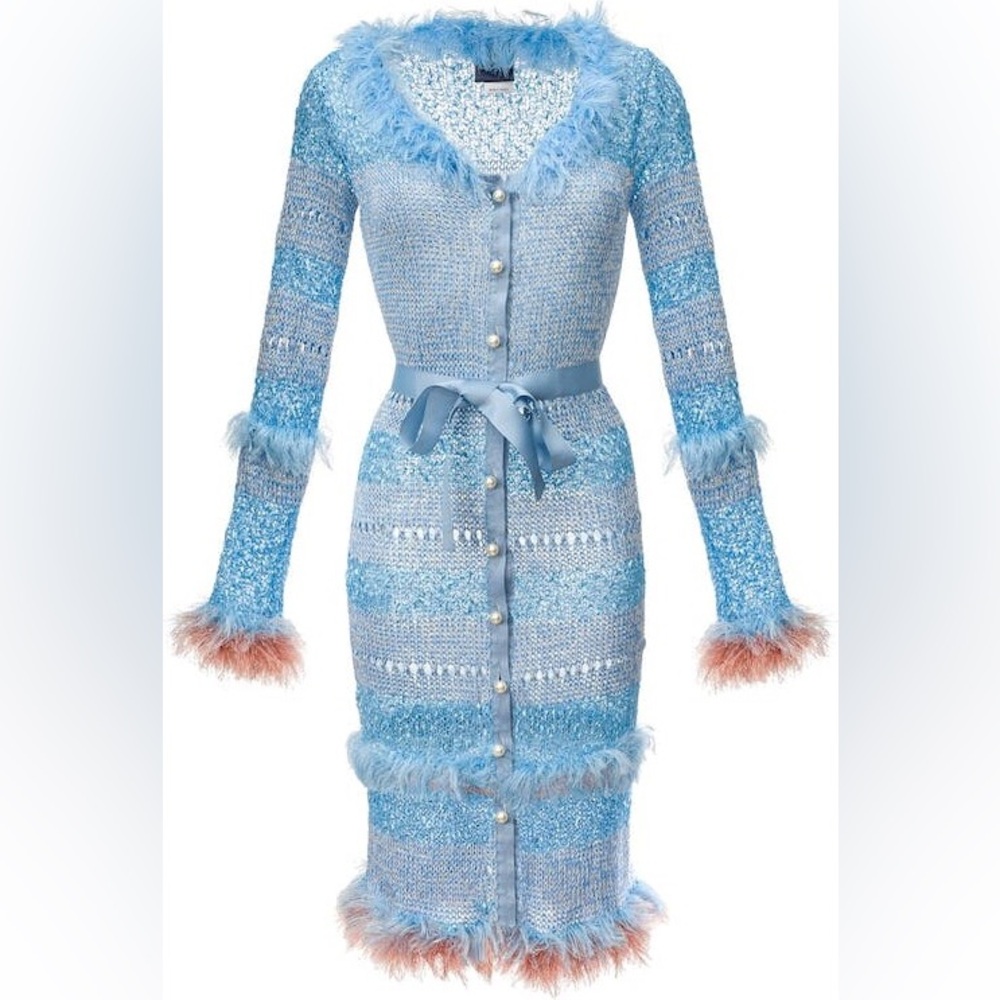 Elegant Blue Knit Dress with Feather Trim